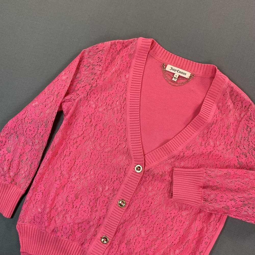 Juicy Couture Sweater Cardigan Womens MD Pink Lace Floral Jewel Gold Buttons Y2K